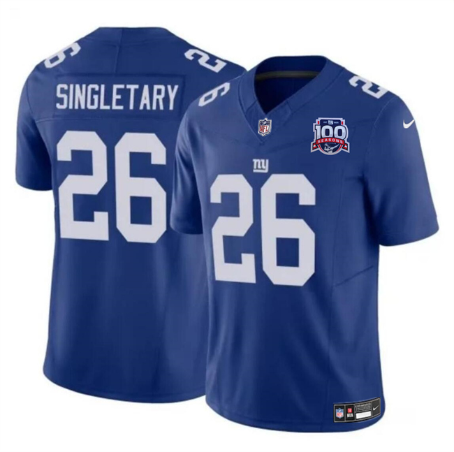 Men's New York Giants #26 Devin Singletary Blue 2024 F.U.S.E. 100TH Season Patch Vapor Untouchable Limited Football Stitched Jersey